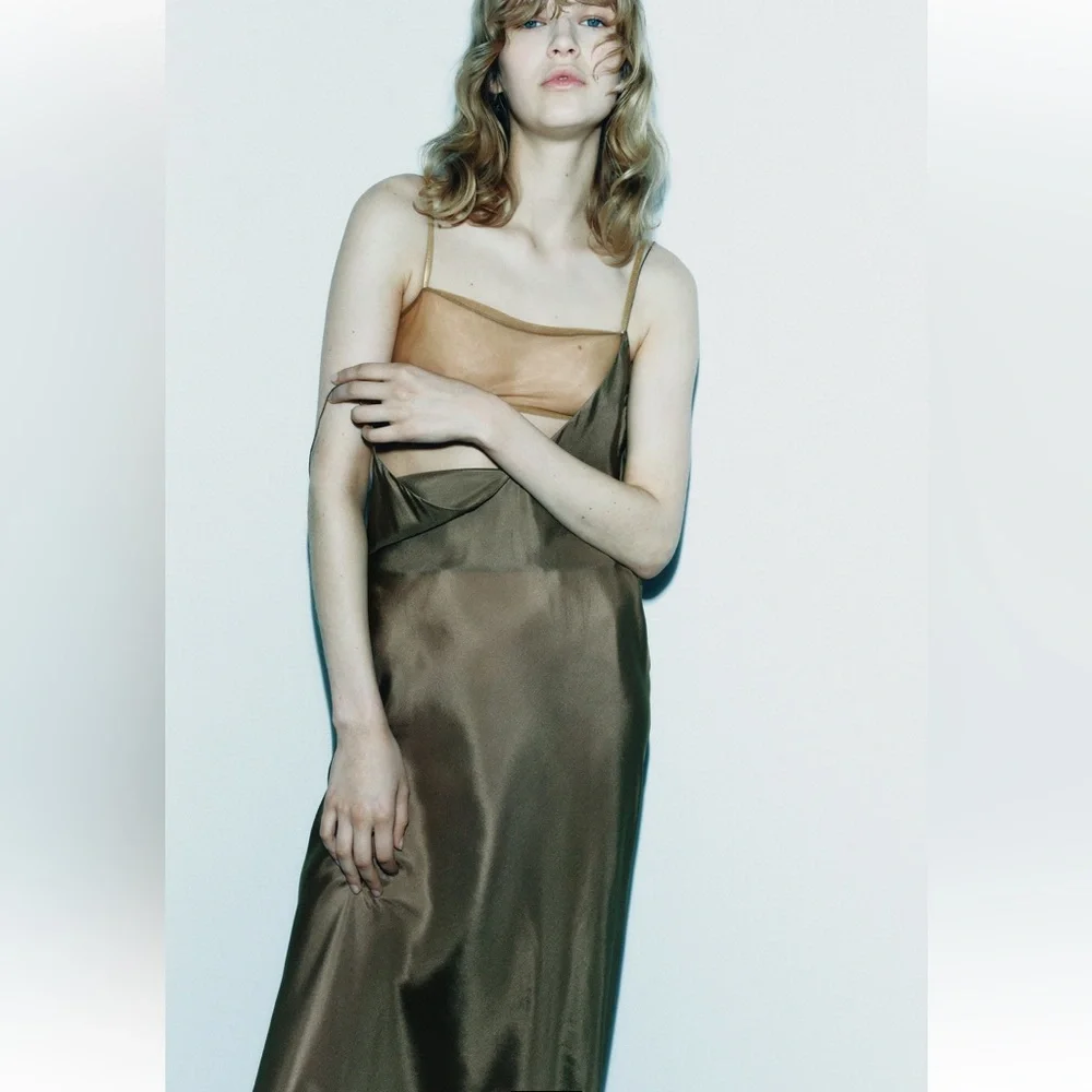 Zara 100% Silk Olive Midi Dress - Picture 7 of 7